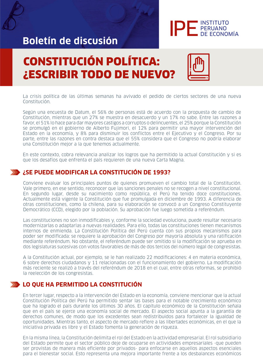 Boletín IPE: Constitución Política: ¿escribir todo de nuevo?