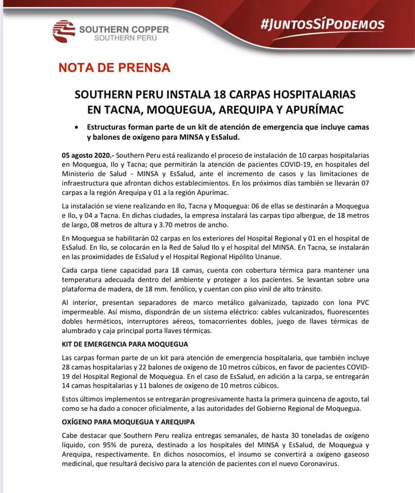 Southern Perú instala 18 carpas hospitalarias en Tacna, Moquegua, Arequipa y Apurimac