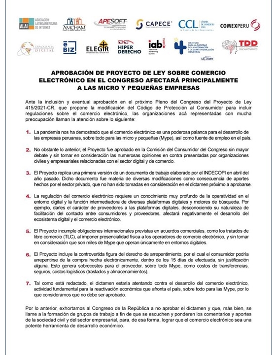 Aprobación de Proyecto de Ley Sobre Comercio Electrónico en el Congreso Afectará Principalmente a las Micro y Pequeñas Empresas