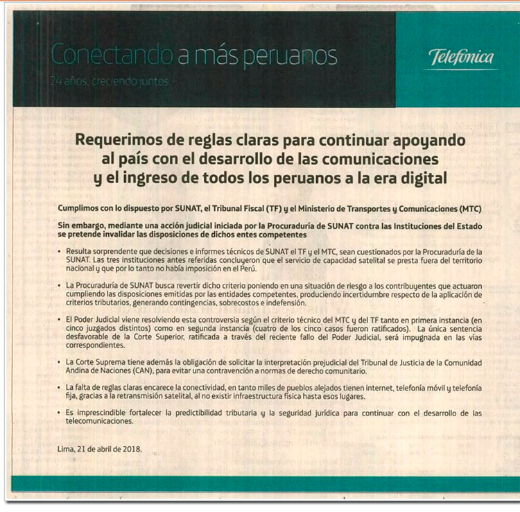 Requerimos de reglas claras para continuar apoyando al país con el desarrollo de las comunicaciones y el ingreso de todos los peruanos a la era digital