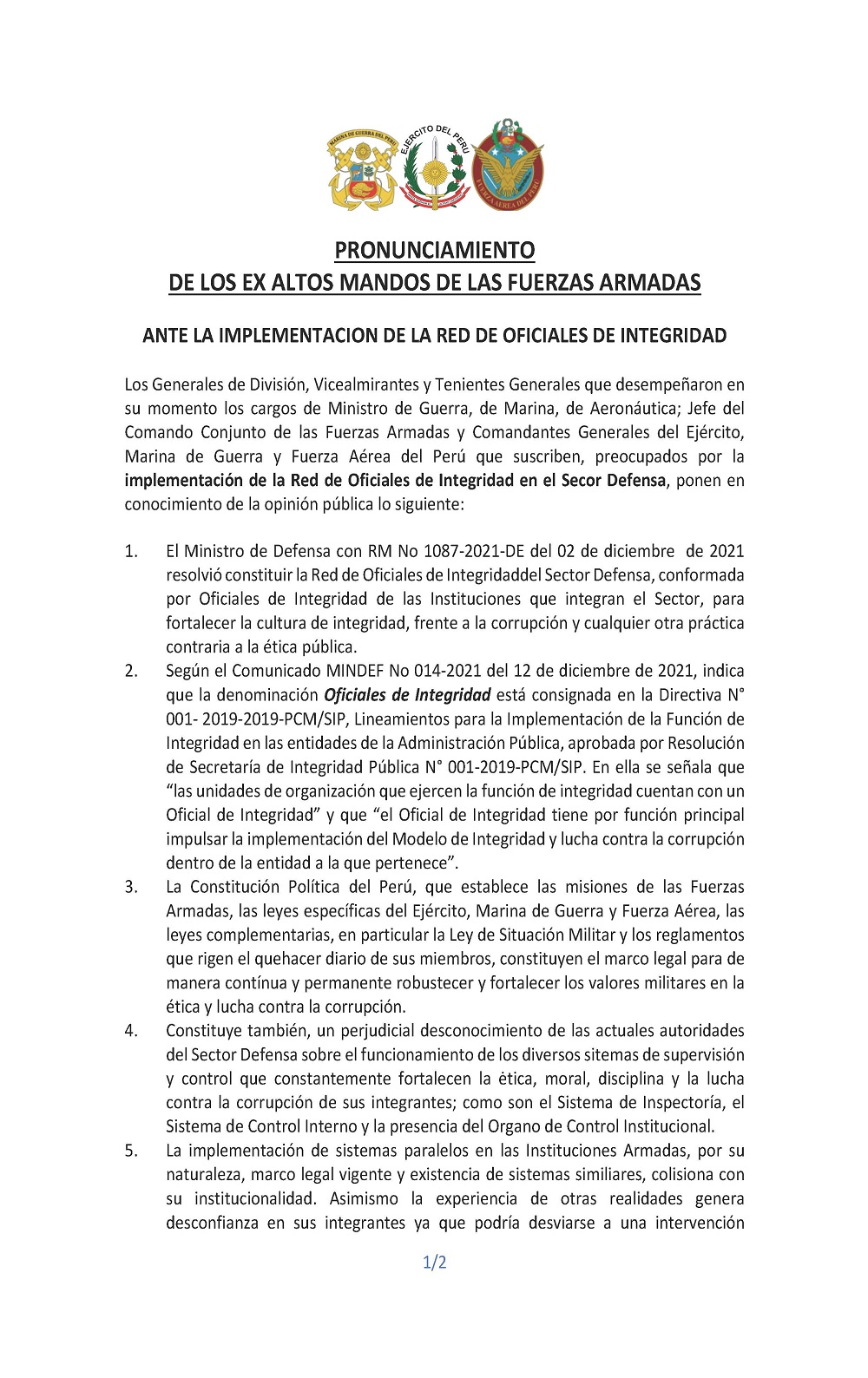 PRONUNCIAMIENTO DE LOS EX ALTOS MANDOS DE LAS FUERZAS ARMADAS