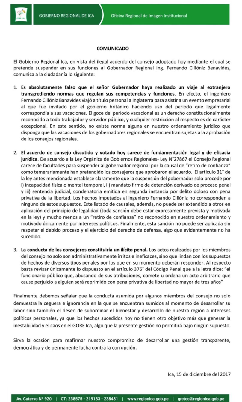 Comunicado Gobierno Regional de Ica 15-12-2017