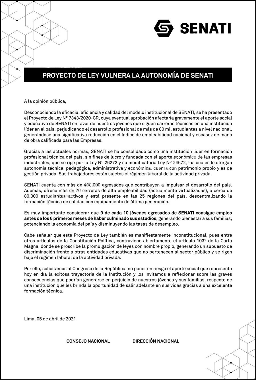 Proyecto de ley vulnera la autonomía de Senati