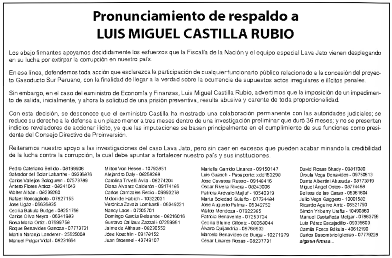 Pronunciamiento de respaldo a LUIS MIGUEL CASTILLA RUBIO