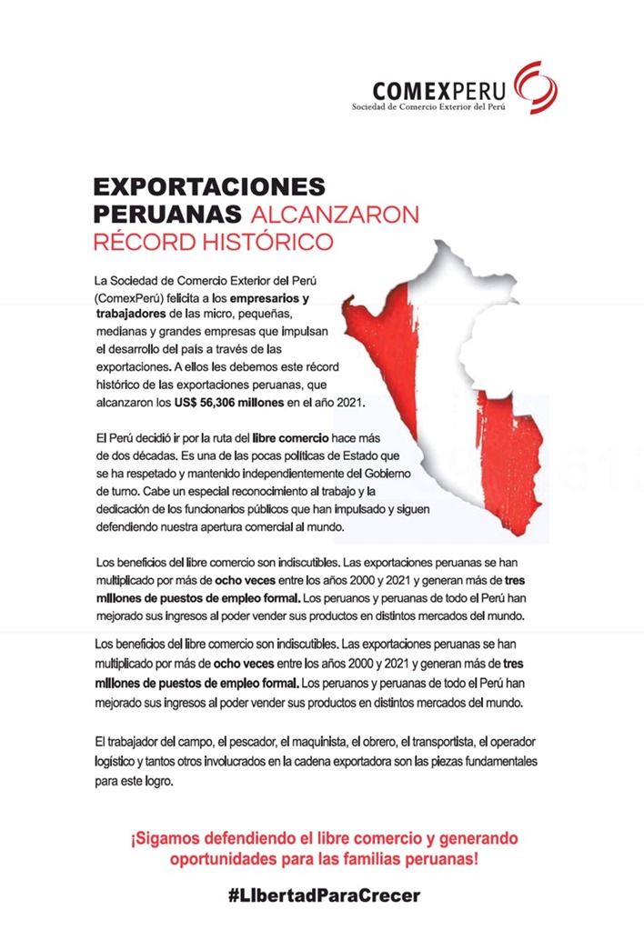 EXPORTACIONES PERUANAS ALCANZARON RECORD HISTORICO