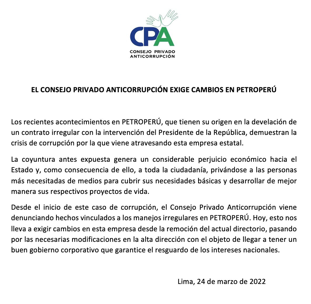 EL CONSEJO PRIVADO ANTICORRUPCIÓN EXIGE CAMBIOS EN PETROPERÚ