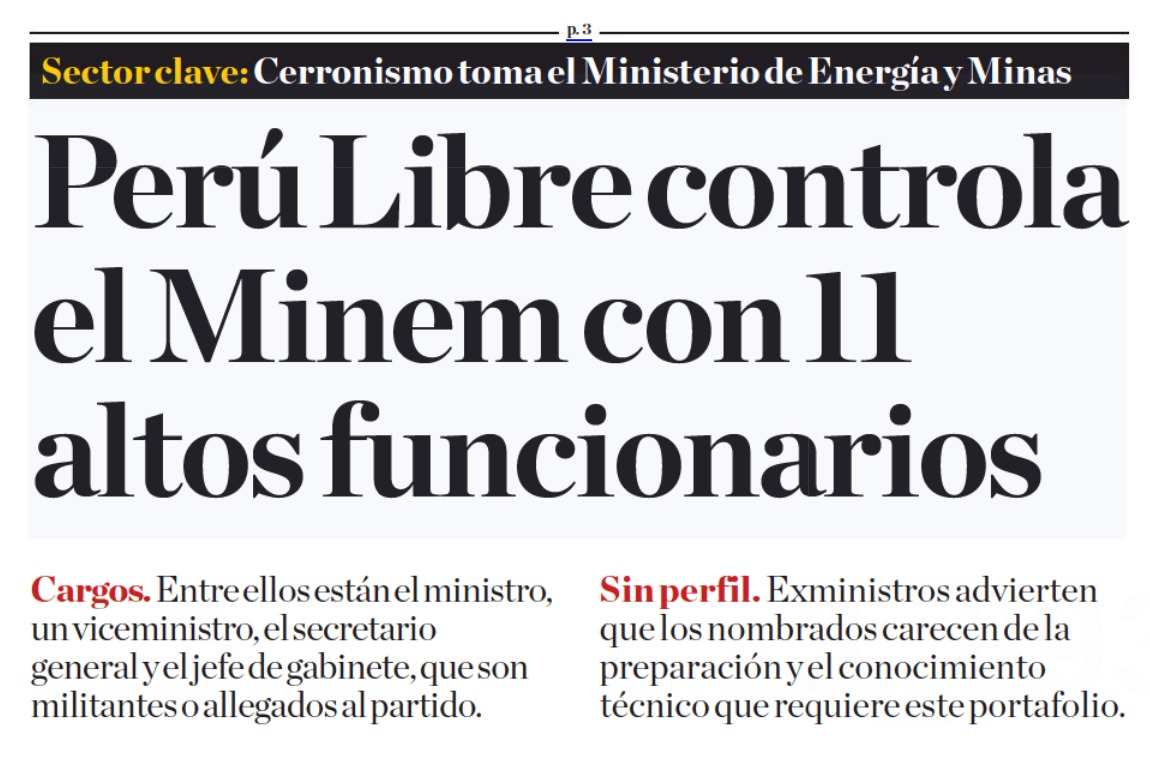 Perú Libre controla el Ministerio de Energía y Minas con 11 altos funcionarios