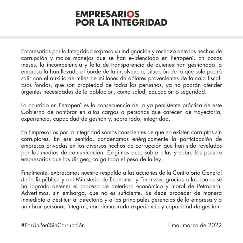 PRONUNCIAMIENTO DE EMPRESARIOS POR LA INTEGRIDAD