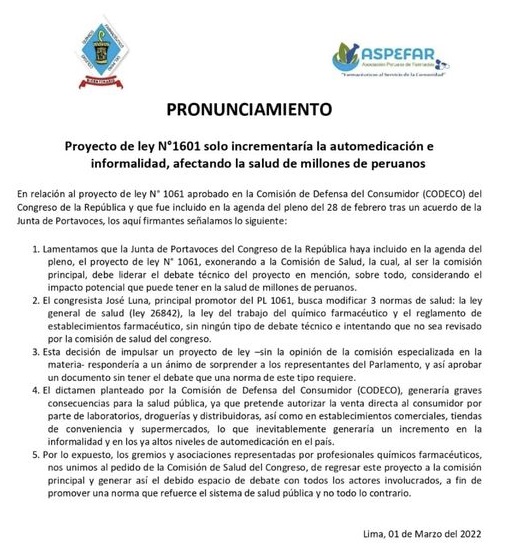 Proyecto de ley Nº1061 solo incrementaría la automedicación e informalidad, afectando la salud de millones de peruanos