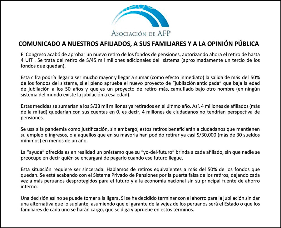 Comunicado de Asociación de AFP