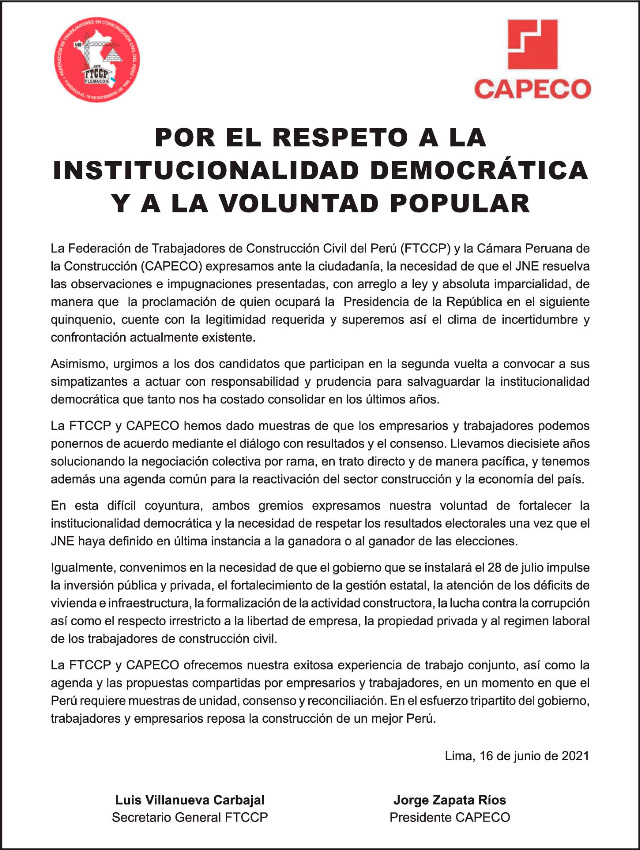 Por el respeto a la institucionalidad democrática y a la voluntad popular