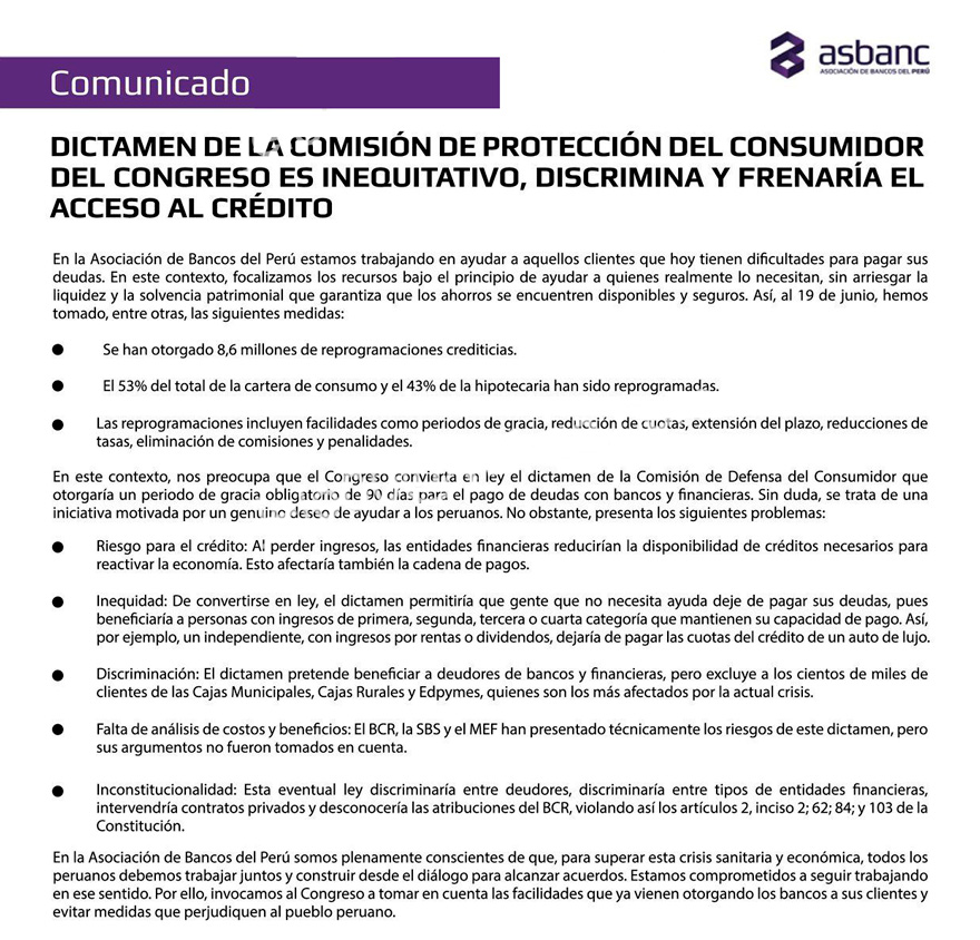 Dictamen de la comisión de protección del consumidor del Congreso es inequitativo discrimina y frenaría el acceso al crédito