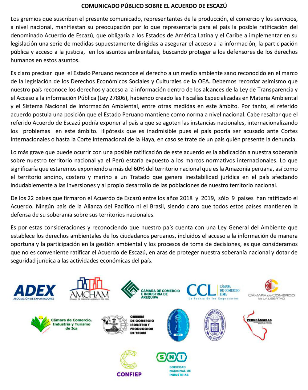 Comunicado público sobre el acuerdo de Escazú