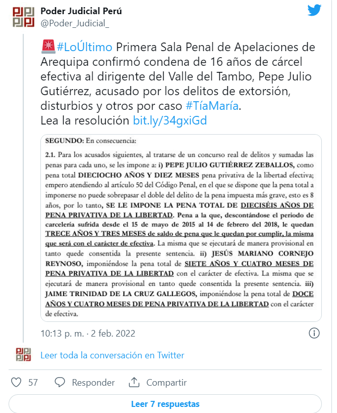 Confirman condena a dirigentes del valle de Tambo por casos de extorsión y disturbios contra proyecto Tía María