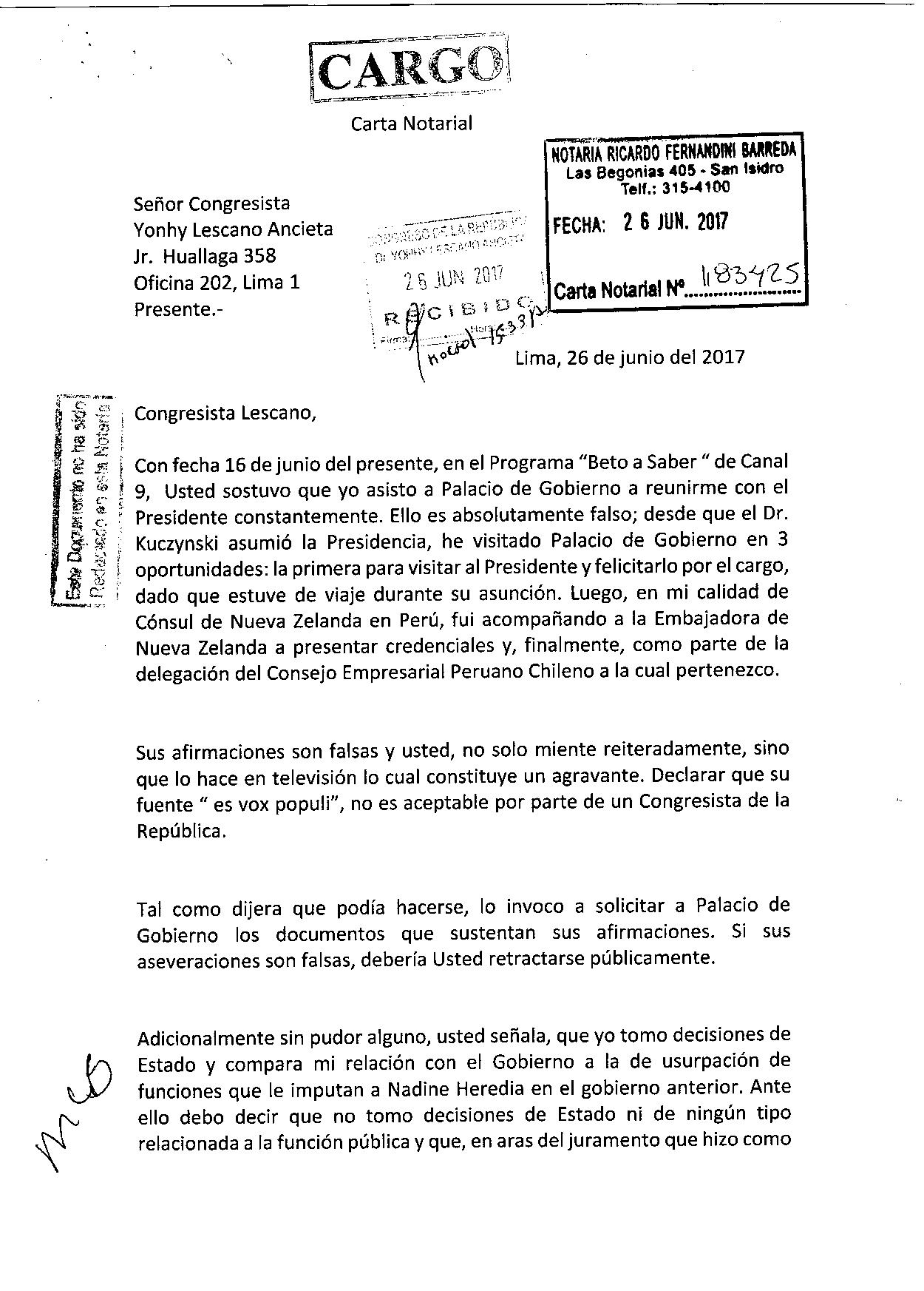 Carta Notarial a Congresista Yonhy Lescano