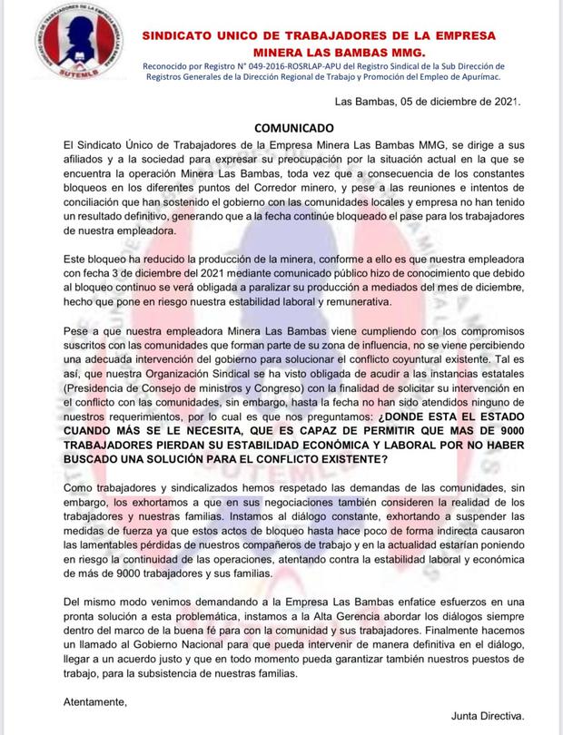 Sindicato de Las Bambas: “9000 familias se ven perjudicadas con la paralización de la minera”
